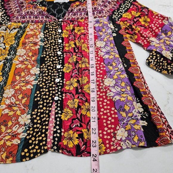 Figueroa & Flower Boho Top P Large Multi Color Floral 3/4 Puff Sleeve Lace Back - Picture 6 of 9